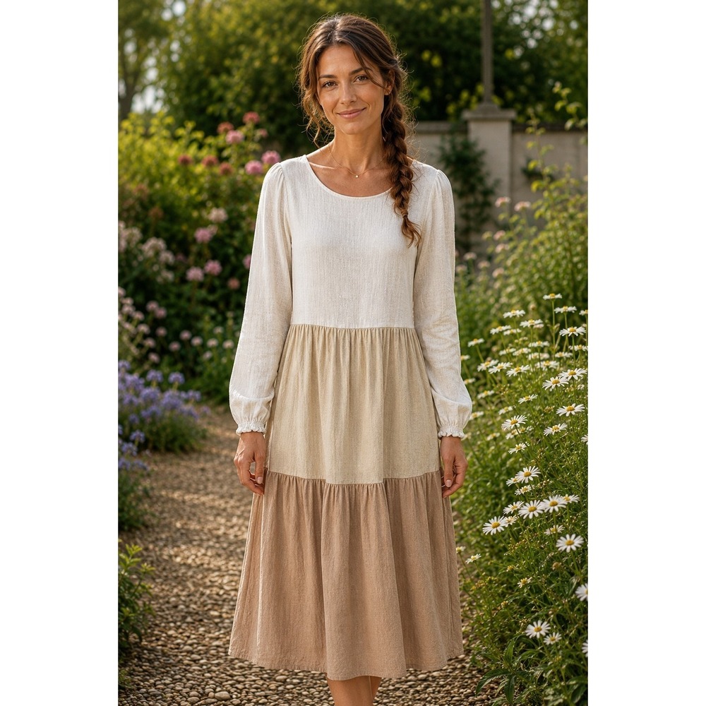 Petal + Pup Womens Linen Dress US 6 Tiered Minimalist Modest Prairie Cottagecore